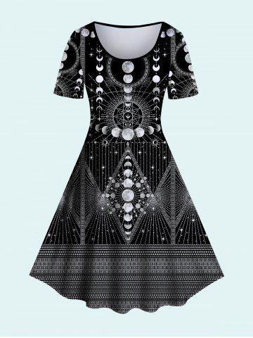 Gothic Moon Sun Geo Print A Line Dress - BLACK - 4X | US 26-28