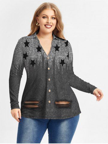 Plus Size Star 3D Ripped Print Sparkly Glitter Shirt