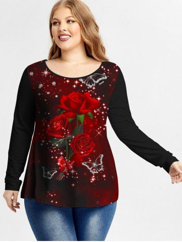 Plus Size Valentine Day Rose Butterfly Print T-shirt - BLACK - 1X | US 14-16
