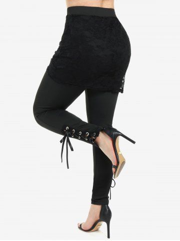 Plus Size Lace Panel Lace-up Skirted Pull On Pants
