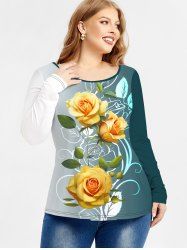 T-shirt Ombré à Imprimé Rose 3D à Manches Longues Grande Taille - Jaune 2x | US 18-20