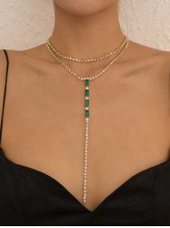 Double Layer Rhinestone Y-Shaped Long Choker Necklace -  