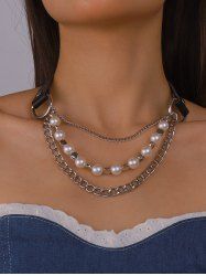 Collier Ras-du-cou Superposé en Fausse Perle avec Chaîne en Cuir PU - Noir 