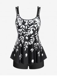 Plus Size Leaf Print Modest Boyshorts Tankini Swimsuit -  