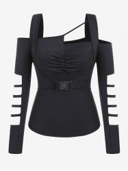 Gothic Cutout Strappy Ruched Buckle Open Shoulder Top -  