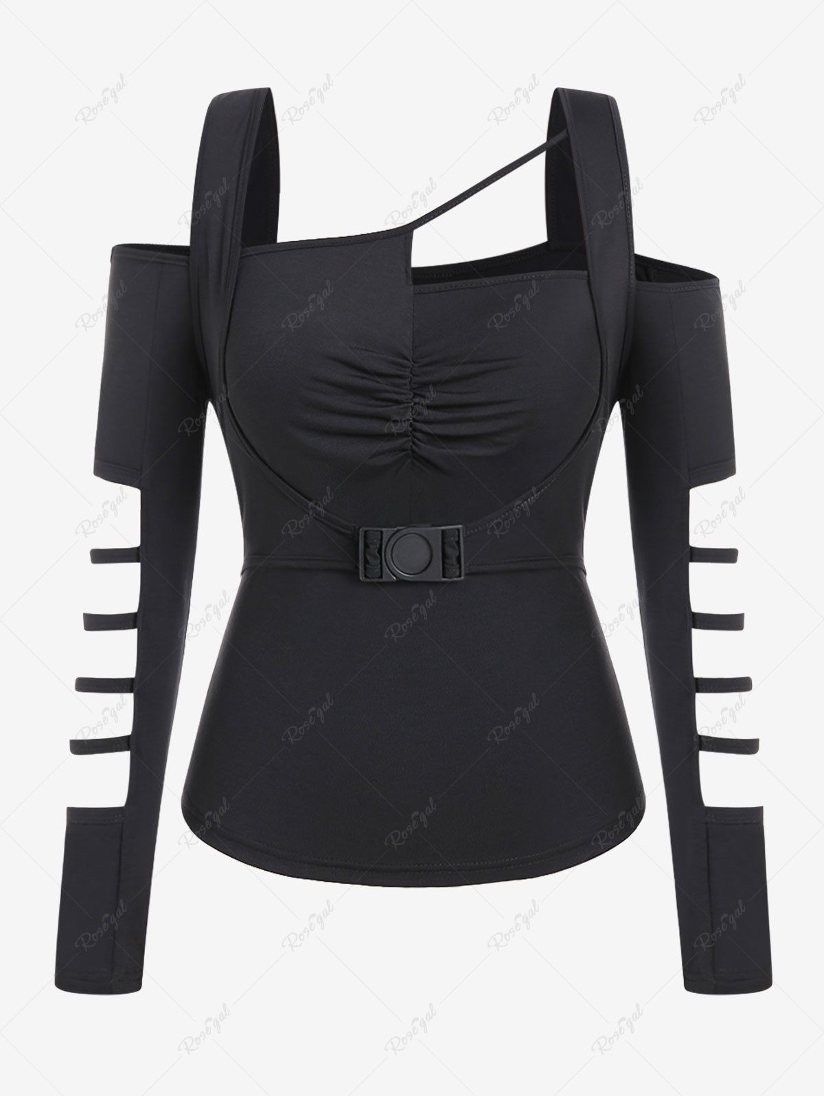 Affordable Gothic Cutout Strappy Ruched Buckle Open Shoulder Top  