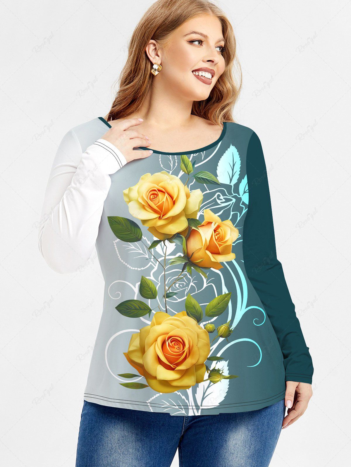 T-shirt Ombré à Imprimé Rose 3D à Manches Longues Grande Taille Jaune 2x | US 18-20