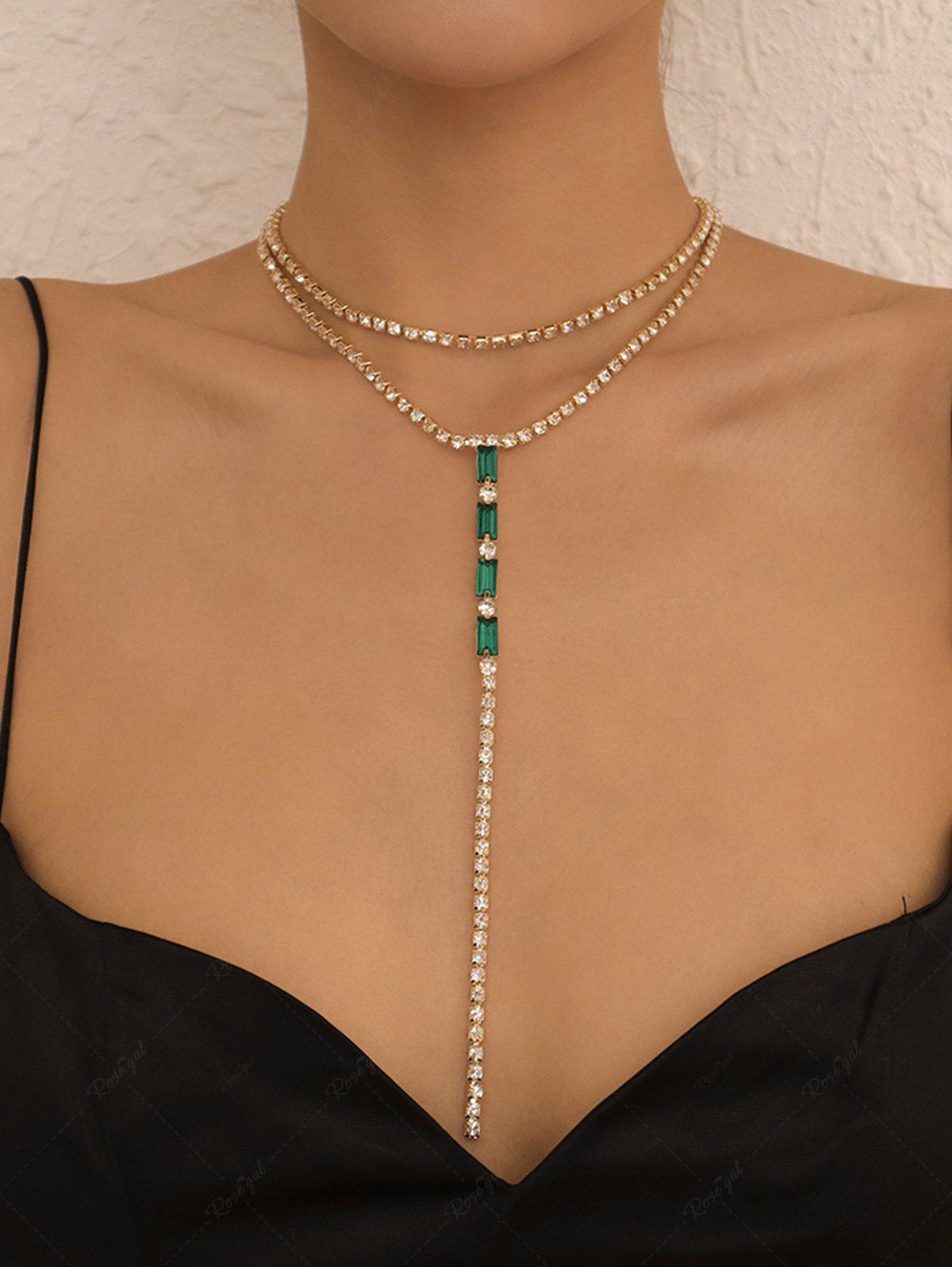 Chic Double Layer Rhinestone Y-Shaped Long Choker Necklace  
