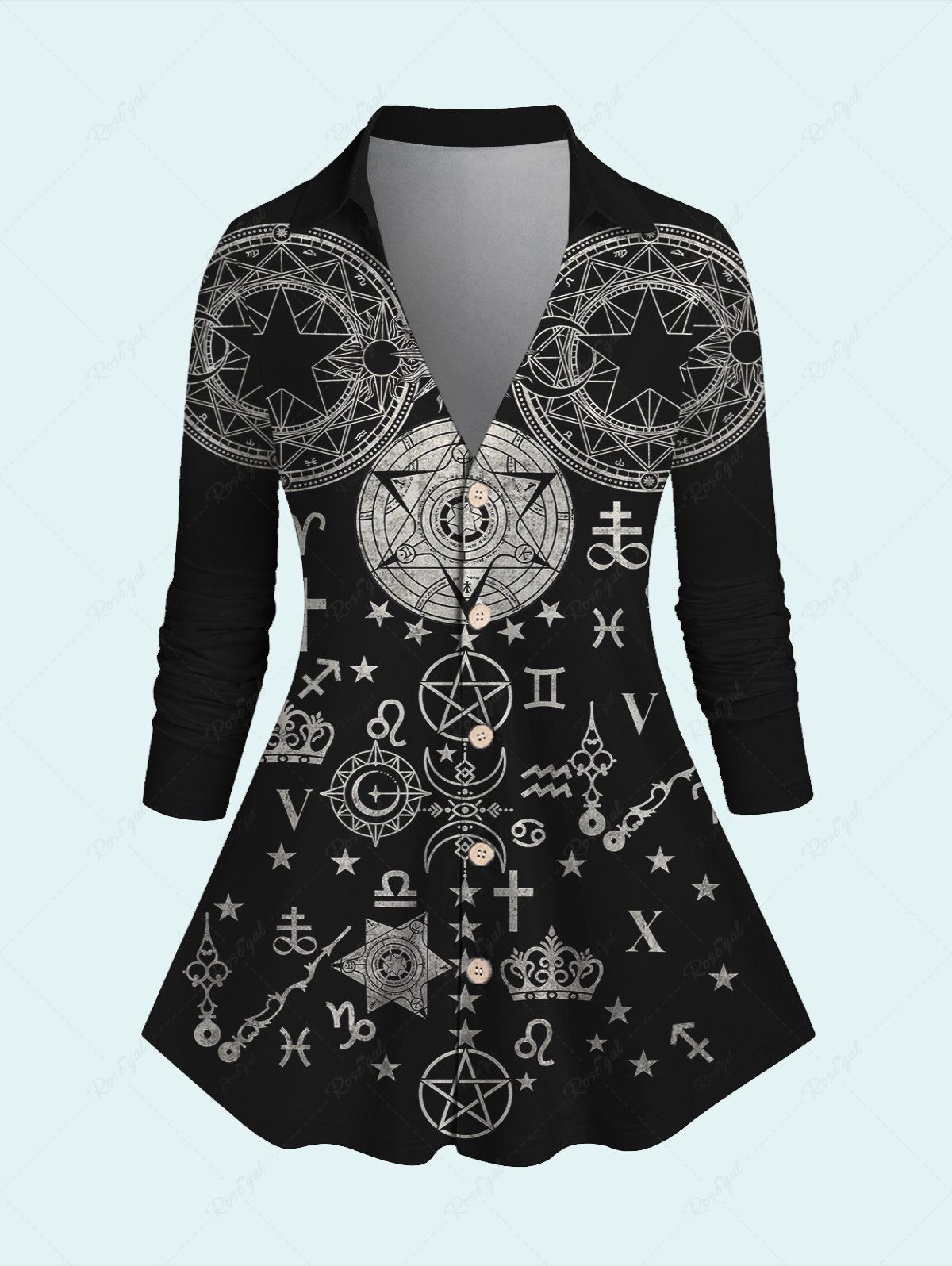 Fancy Gothic Astrology Print Button Up Shirt  
