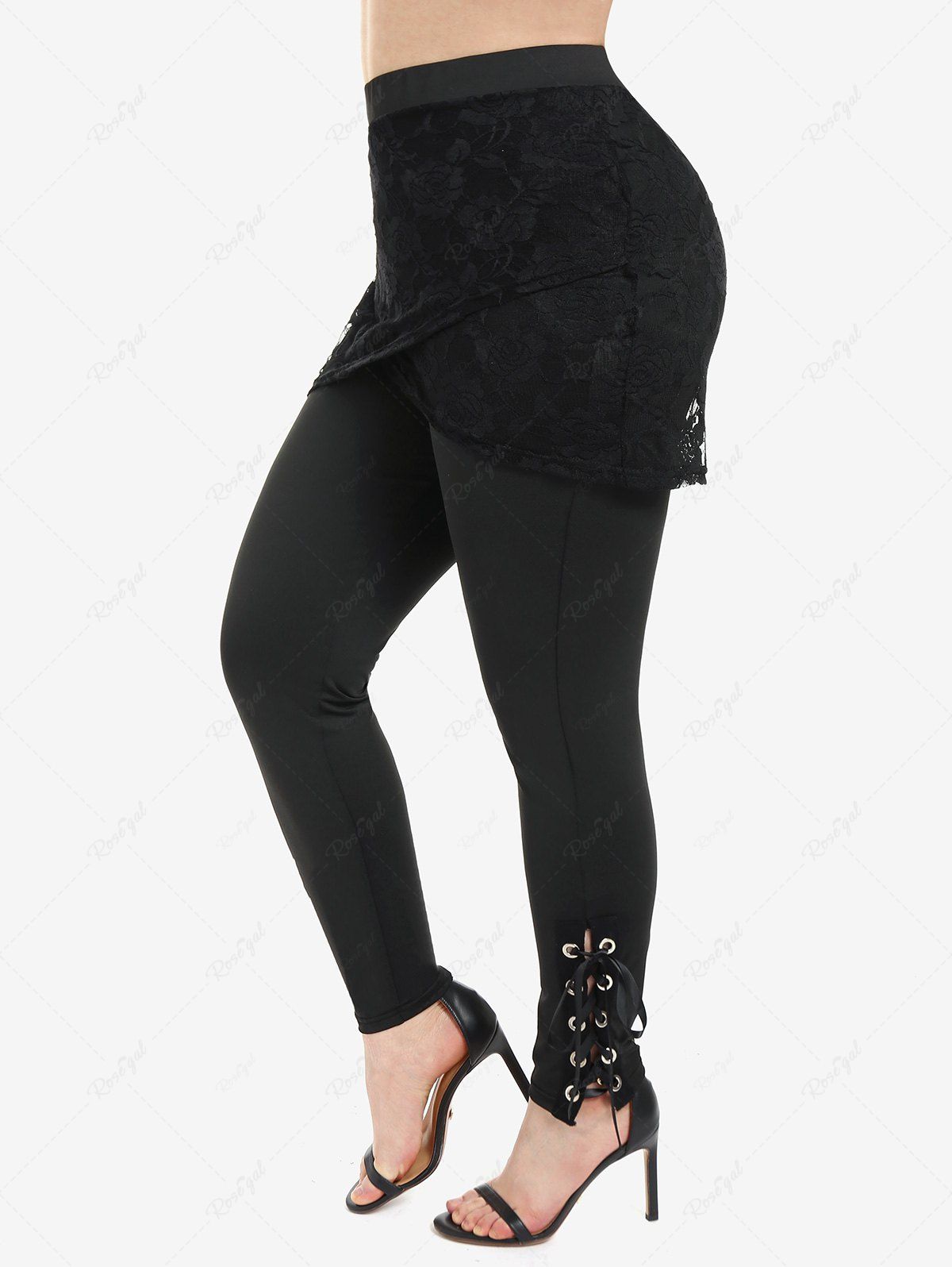 Hot Plus Size Lace Panel Lace-up Skirted Pull On Pants  