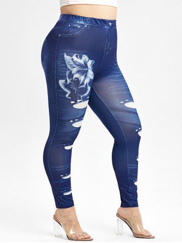 Plus Size Flowers 3D Print High Waisted Skinny Jeggings - BLUE - 2X