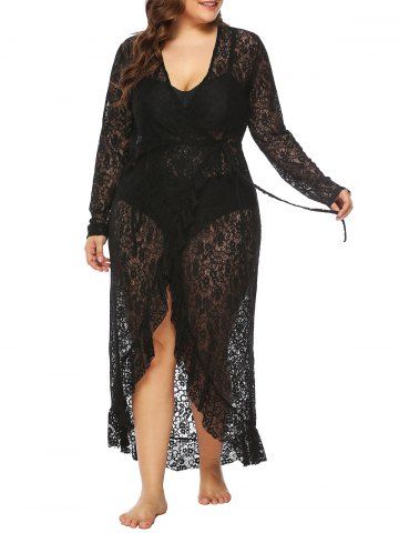 Plus Size High Low Sheer Lace Maxi Wrap Cover Up Dress - BLACK - L