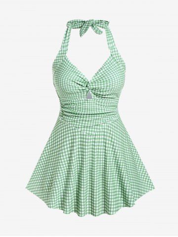 Plus Size Halter Lace Up Twist Plaid Padded Vintage Tankini Swimsuit - LIGHT GREEN - 1X | US 14-16