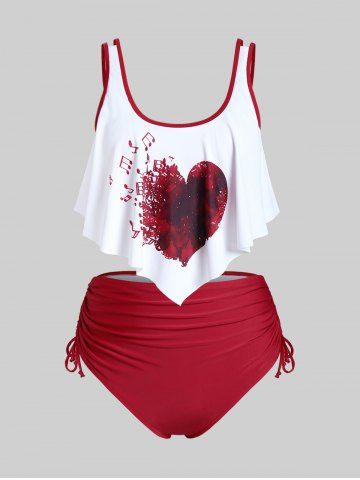 Plus Size Valentine Notes Heart Printed Cinched Padded Overlay Tankini Swimsuit - DEEP RED - 4X | US 26-28