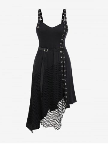 Gothic Grommets Fishnet Panel Buckle Belted Asymmetrical Sleeveless Dress - BLACK - 4X | US 26-28