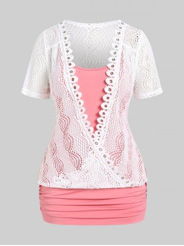 Plus Size Lace Panel Two Tone Short Sleeves Twofer Tunic Top