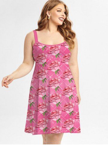 Plus Size Valentine Day Rose Print Sleeveless A Line Dress - LIGHT PINK - M | US 10