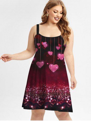 Plus Size Heart Printed Backless Valentines Sleeveless A Line Dress - DEEP RED - S | US 8