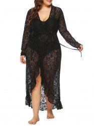Plus Size High Low Sheer Lace Maxi Wrap Cover Up Dress -  