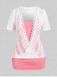 Plus Size Lace Panel Two Tone Short Sleeves Twofer Tunic Top -  