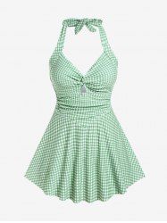 Plus Size Halter Lace Up Twist Plaid Padded Vintage Tankini Swimsuit -  