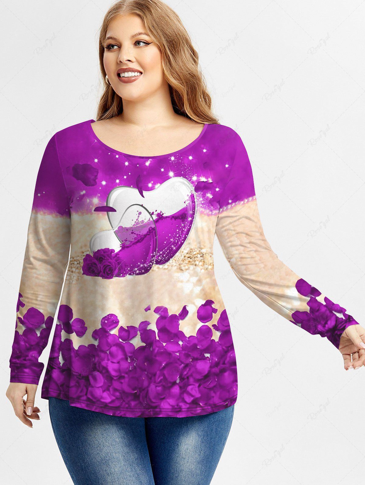 Discount Plus Size Valentines Petals Heart Printed Colorblock Long Sleeves Tee  