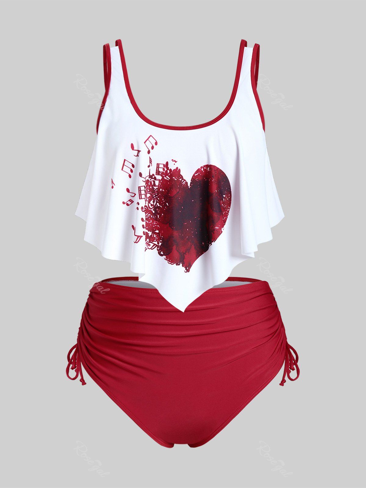 Maillot de Bain Tankini Superposé Matelassé Note de Musique Imprimée de Grande Taille Saint-Valentin Rouge foncé 4X | US 26-28