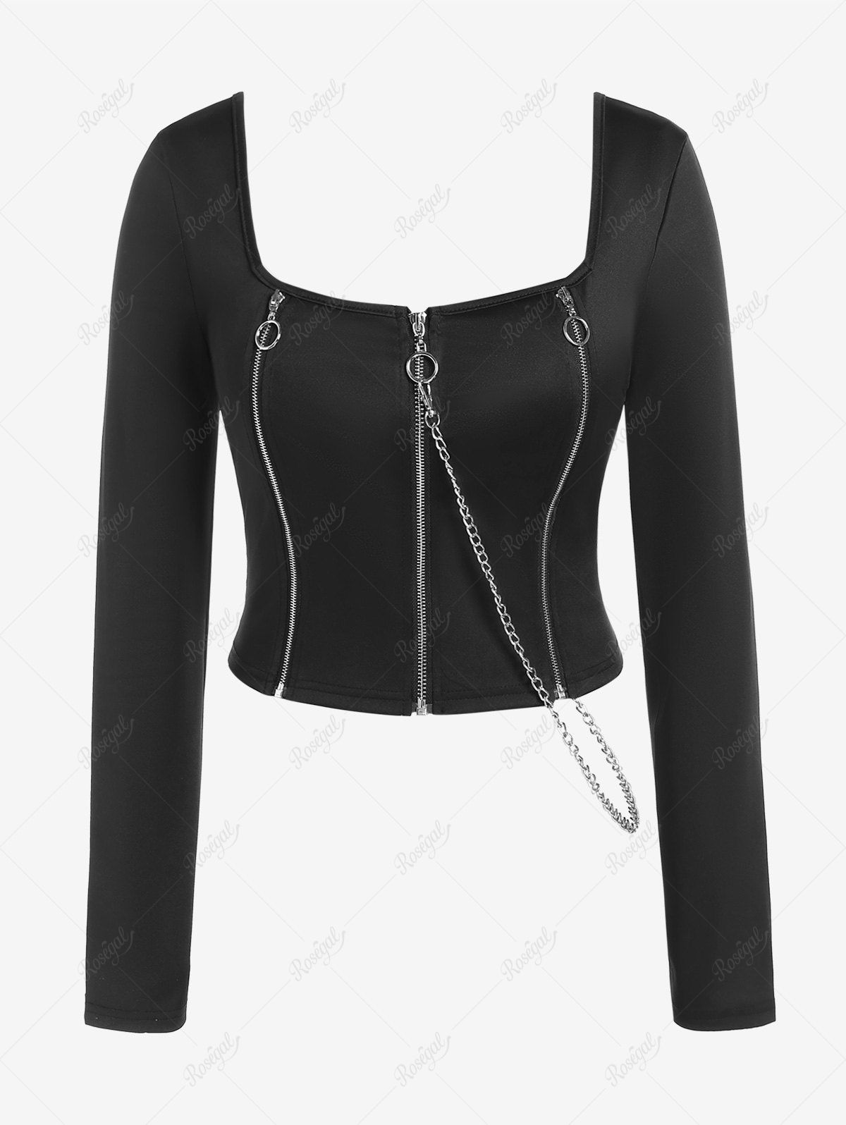 Fancy Gothic Square Collar Zip Rings Top  