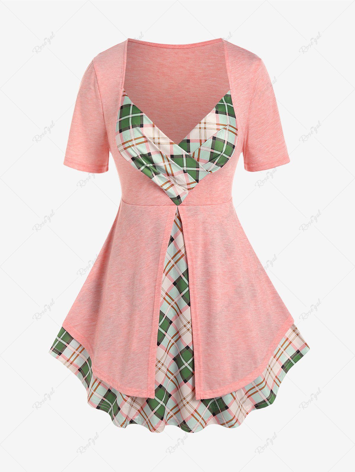 Discount Plus Size Sweetheart Neck Plaid Short Sleeves Twofer Tee  
