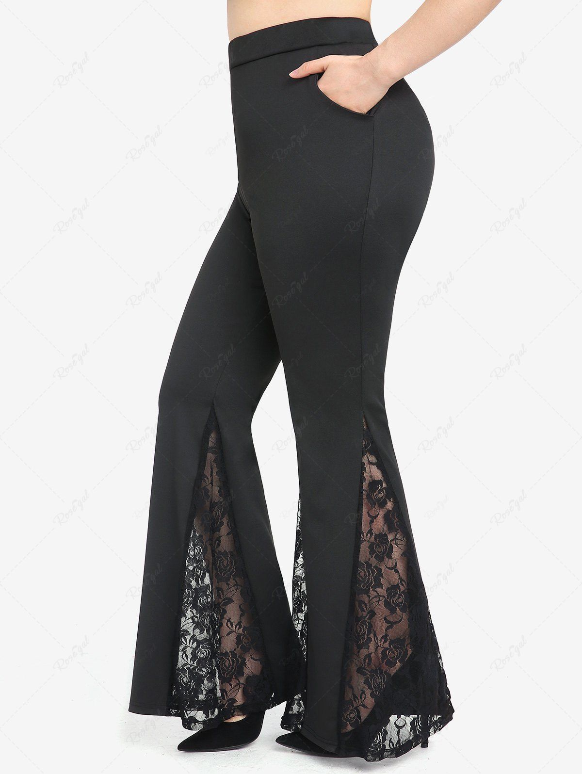 Trendy Plus Size Lace Panel Pull On Flare Pants with Pocket  