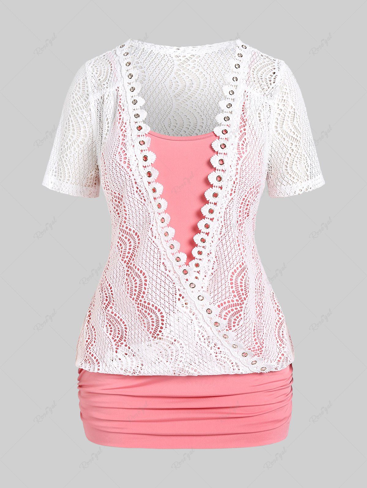Sale Plus Size Lace Panel Two Tone Short Sleeves Twofer Tunic Top  