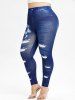 Legging Moulant à Imprimé 3D Fleur à Taille Haute de Grande Taille - Bleu 1X