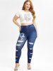Legging Moulant à Imprimé 3D Fleur à Taille Haute de Grande Taille - Bleu 1X