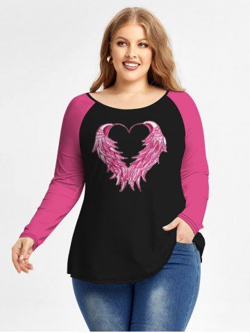 Plus Size Valentine Day Wing Heart Print Raglan Sleeve T-shirt - LIGHT PINK - 5X | US 30-32