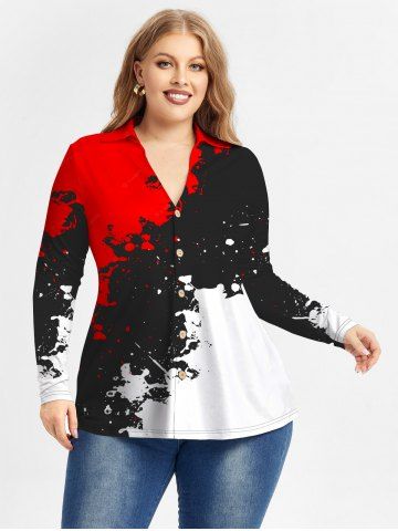 Plus Size Paint Splatter Colorblock Long Sleeves Shirt - RED - S | US 8