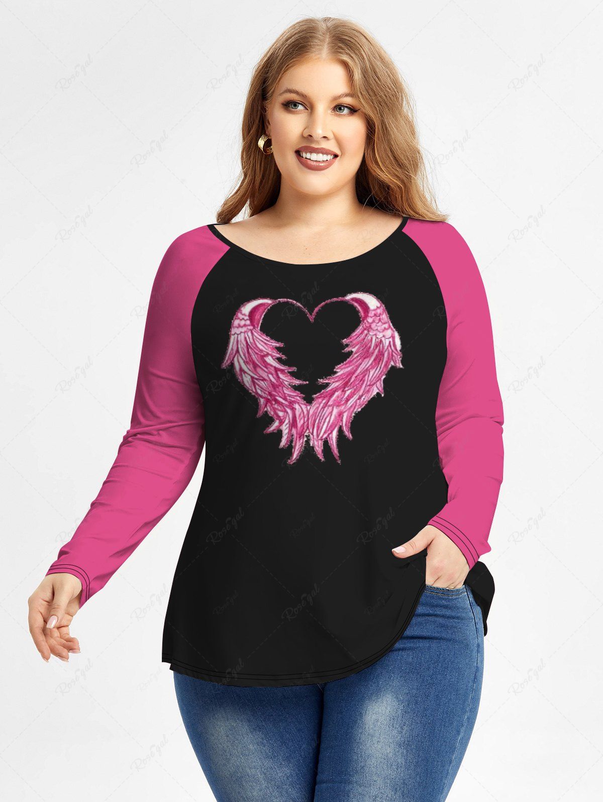 Best Plus Size Valentine Day Wing Heart Print Raglan Sleeve T-shirt  