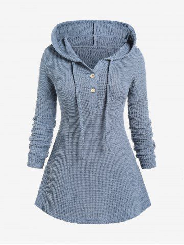Plus Size Drawstring Hooded Knit Top - LIGHT BLUE - M