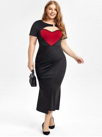 Plus Size Valentine Day Ring Heart-shaped Colorblock Ruched Cutout Mermaid Dress - BLACK - L | US 12
