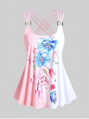 Plus Size Flower Printed Colorblock Padded Strappy Tankini Top Swimsuit