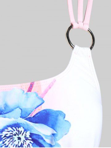 Plus Size Flower Printed Colorblock Padded Strappy Tankini Top Swimsuit
