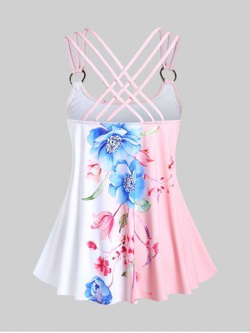 Plus Size Flower Printed Colorblock Padded Strappy Tankini Top Swimsuit
