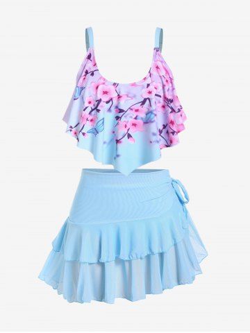 Plus Size Ruffled Sakura Print Three Piece Tankini Swimsuit - LIGHT BLUE - M | US 10