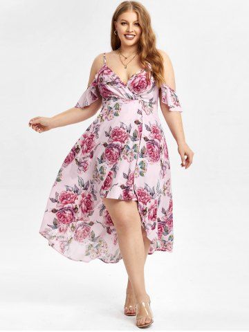 Plus Size Cold Shoulder Floral Print High Low Maxi Dress (Adjustable Straps) - LIGHT PINK - 1X | US 14-16