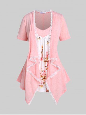 Plus Size Lace Trim Floral Draped Front 2 In 1 Top - LIGHT PINK - M | US 10