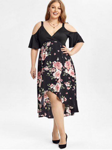Plus Size Plunge Floral Print High Low Cold Shoulder Midi Dress - BLACK - L | US 12