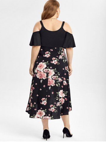 Plus Size Plunge Floral Print High Low Cold Shoulder Midi Dress