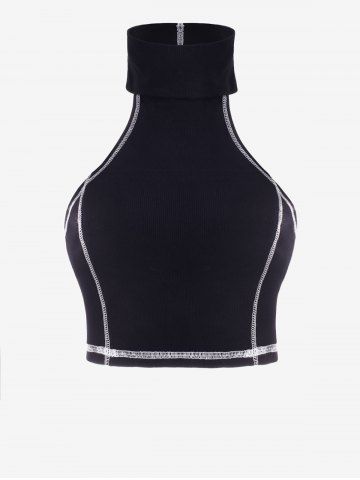 Contrast Stitching Ribbed High Neck Crop Top - BLACK - M