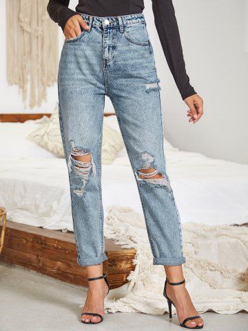 Destroy Wash Zip Fly Long Jeans - LIGHT BLUE - M