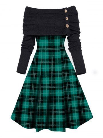 Plaid Print Panel Foldover Mock Button Off the Shoulder A Line Mini Dress