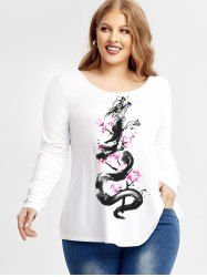 T-shirt à Imprimé Dragon et Fleur de Grande Taille à Manches Longues - Blanc 2X | US 18-20